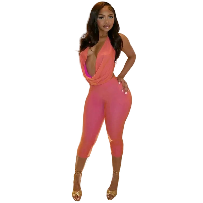 Women's Backless Halter Top and Cropped Pants Two Piece Set