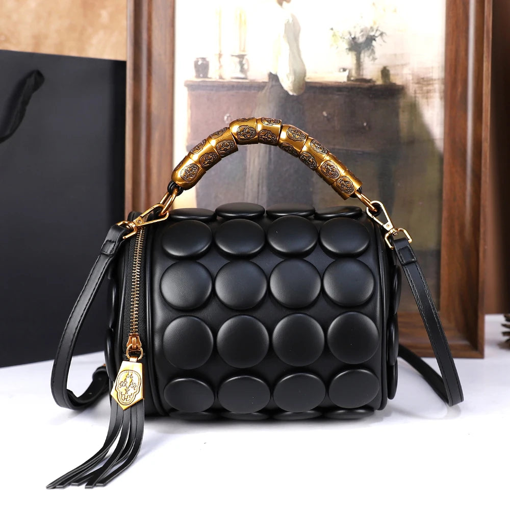 Women's Retro Button Leather Tube Bucket Shoulder Crossbody Bag