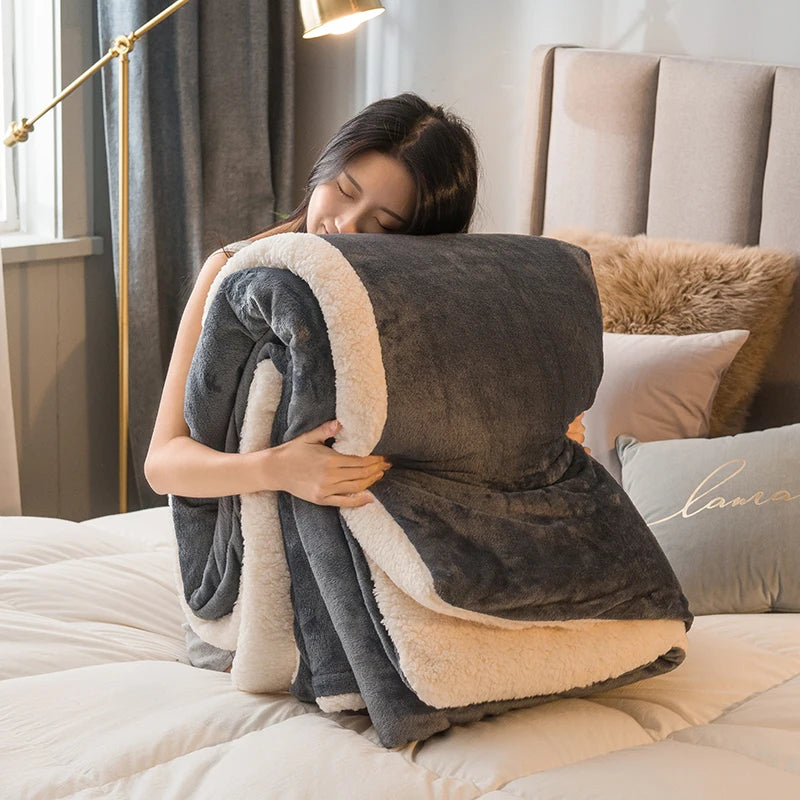 Thick Warm Flannel Quilt and Lamb Fleece Duvet Blanket