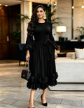 Women's Pleated Ruffle Edge Round Neck Long Dress