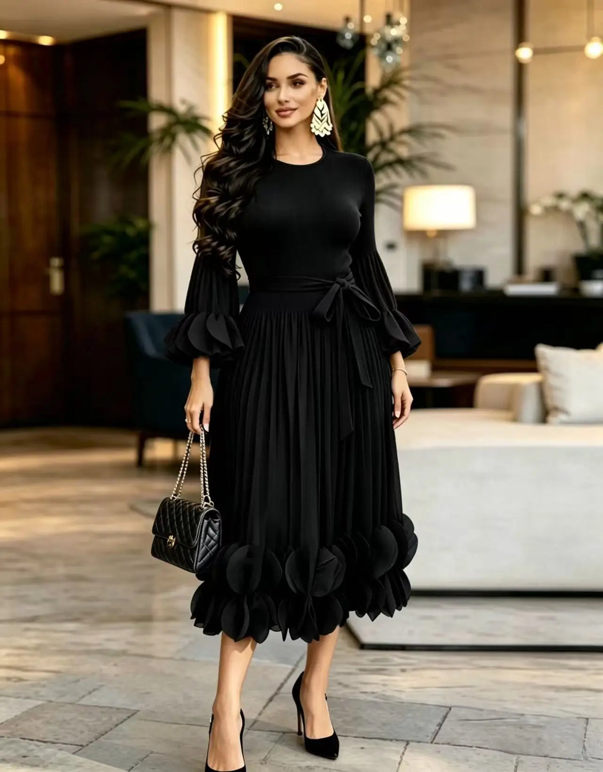 Women's Pleated Ruffle Edge Round Neck Long Dress