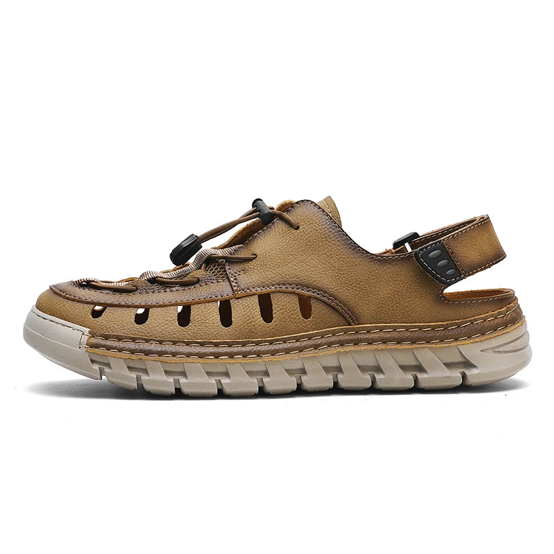 Men's Leather Breathable Outdoor Sandals Lightweight Elastic Strap Summer Beach