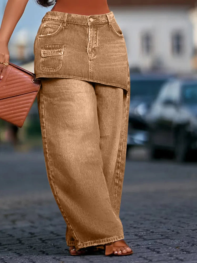 Women's Loose Fitting Fake Two Piece Wide Leg Denim Jeans Pants