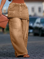 Women's Loose Fitting Fake Two Piece Wide Leg Denim Jeans Pants