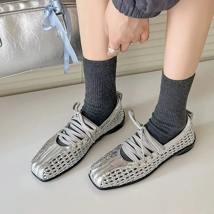 Women's Square Toe Mesh Ballet Flats Lace-Up Casual Sneakers