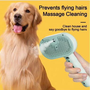 A golden retriever dog is shown on a bright yellow background with promotional text about preventing flying hairs and massage cleaning. A hand holds a pet hair remover device near the dog's fur, demonstrating use of the product.