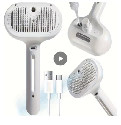 White handheld pet grooming brush shown from multiple angles on a white background, with a USB-C charging cable and a play icon in the center.