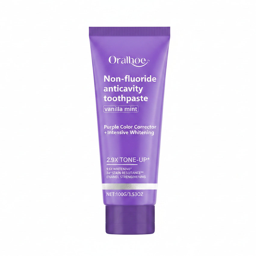 Oralhoe Non-fluoride anticavity toothpaste in a purple squeeze tube with a matching purple cap, labeled 'vanilla mint' and 'Purple Color Corrector + Intensive Whitening'.