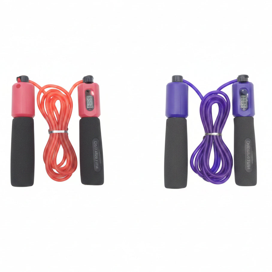 Two jump ropes, one red and black, the other purple and black, on a white background.