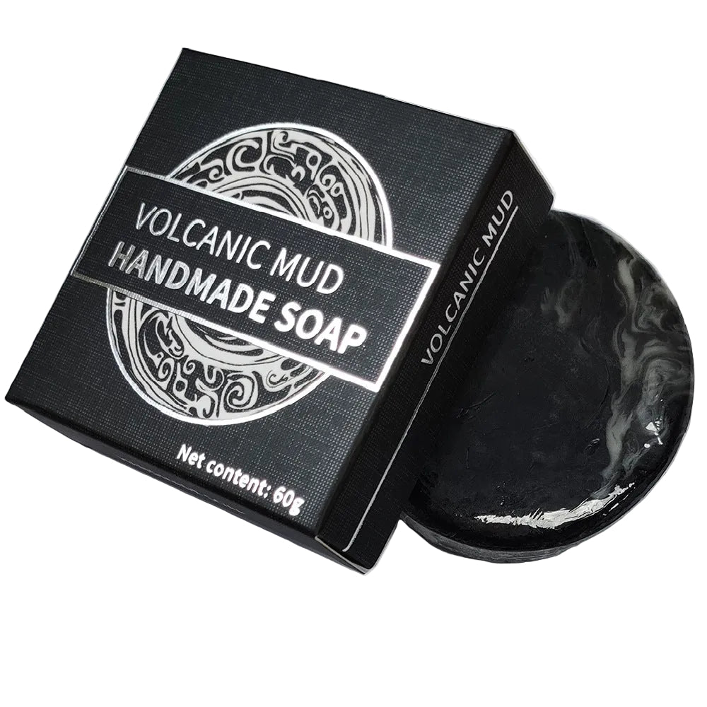 Volcanic mud handmade soap with packaging on a white background