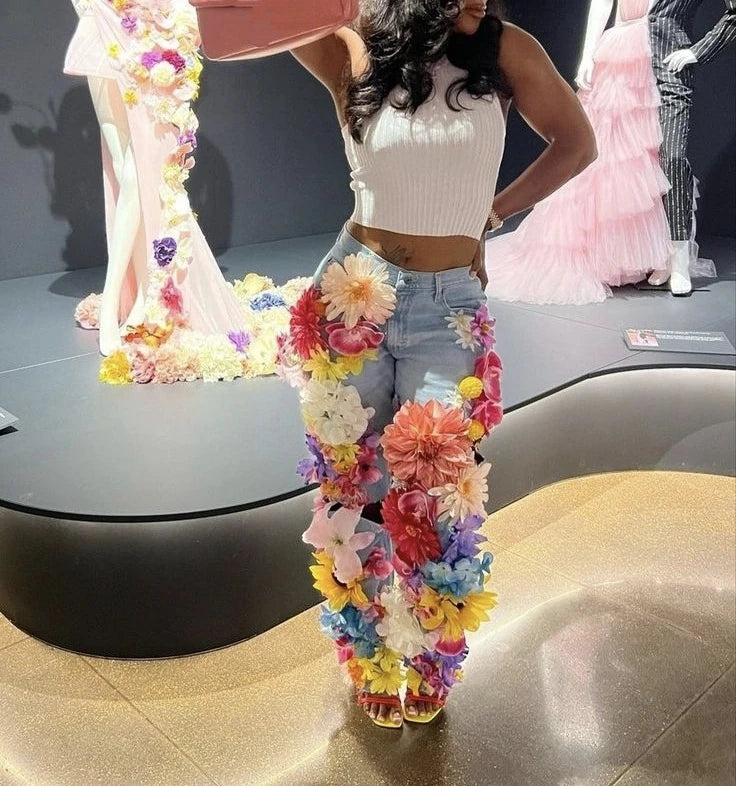 Women's 3D Floral Applique Straight Leg Denim Jeans