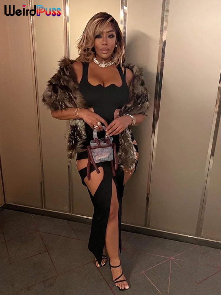 Women's Sexy Hollow Out Split Bodycon Maxi Dress