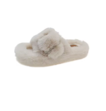 Women's Fluffy Open Toe Flat Slippers Suede Winter Warm