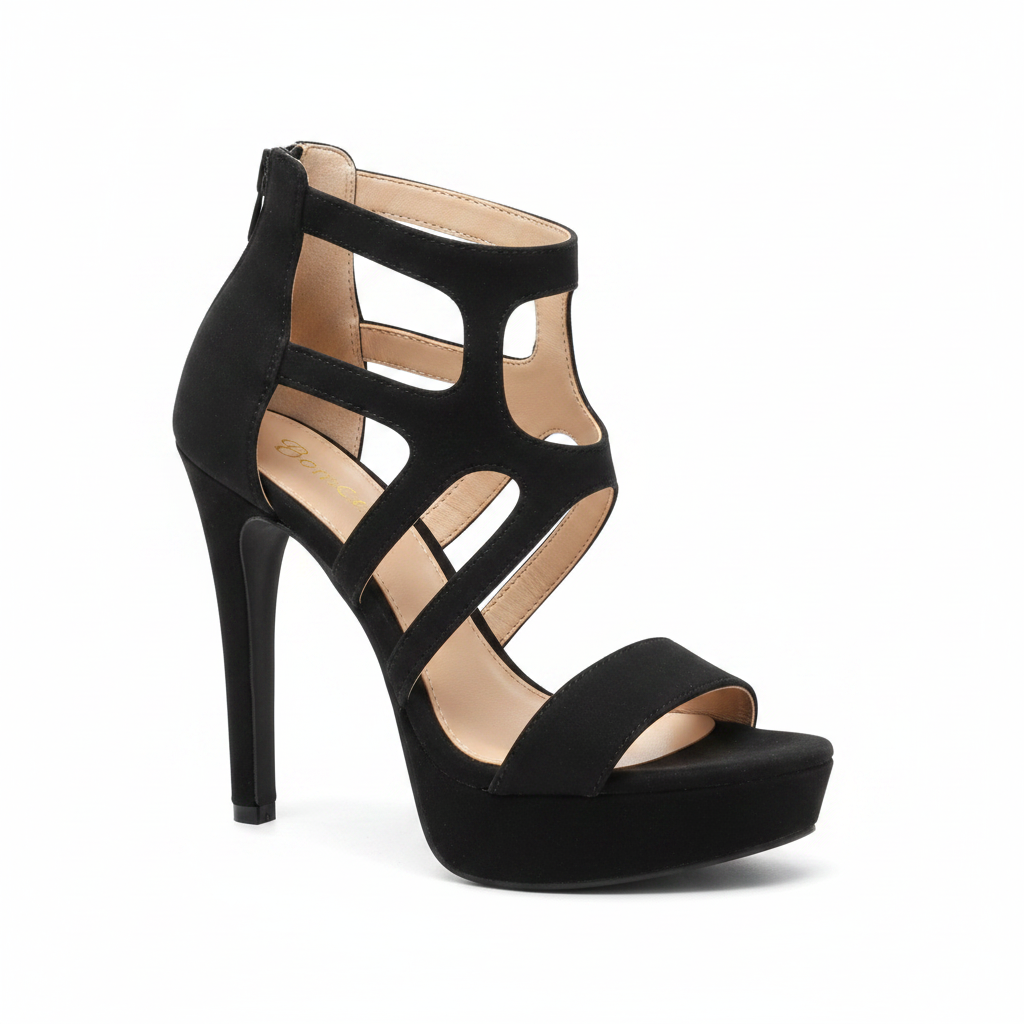 Black strappy high-heeled sandals with platform soles, shown on a model's feet against a white background.