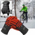 Electric heating gloves with glowing red lines, shown on a person riding a bike in snowy conditions.