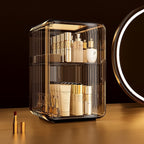 Cosmetic organizer with skincare products and dimensions labeled