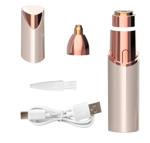 Rose gold electric nose hair trimmer set with multiple interchangeable tips, a white USB charging cable, and a small cleaning brush, displayed on a clean white background.