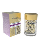A luxurious gold-capped clear jar and a purple display box showcasing Nouely Advanced Retinol facial serum capsules.