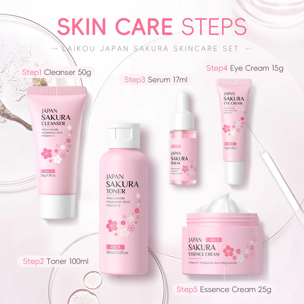 LAIKOU Sakura 5pcs Skin Care Kit Cleanser Toner Serum Eye Cream Essence Cream Moisturizing Beauty Gift Box For Women ﻿