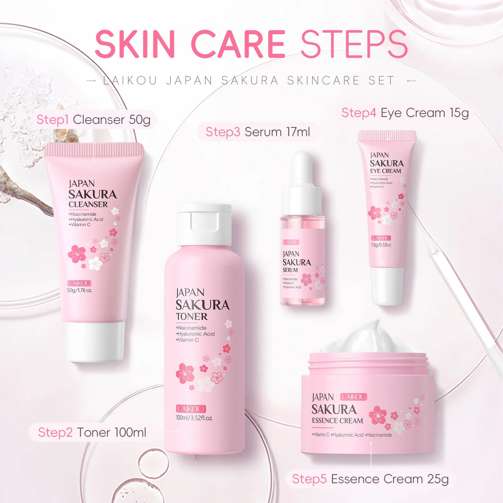 LAIKOU Sakura 5pcs Skin Care Kit Cleanser Toner Serum Eye Cream Essence Cream Moisturizing Beauty Gift Box For Women ﻿