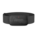 Black heart rate monitor belt with GEOID branding on a white background
