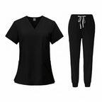 Navy blue medical uniform set with top and pants on a white background