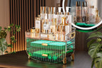 Cosmetic organizer with skincare products on a wooden surface, showing dimensions.