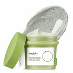 Mung bean pore clay mask in a green container with 'beplain' branding on a white background.
