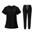 Navy blue medical uniform set with top and pants on a white background