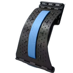 Black and blue footrest with measurements and close-up details on a gray background