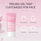 Pink peeling gel tube with text and icons on a pink background