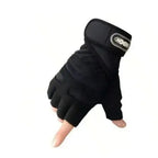 Black glove with measurements and size chart on a white background