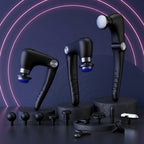 Black foldable handheld massage device shown in two upright positions on display stands, with several interchangeable massage heads arranged below and text overlays describing features such as hot and cold compress, foldable design, nine-level intensity adjustment, and 10 massage heads.
