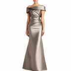 Metallic off-shoulder gown on a white background