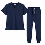 Navy blue medical uniform set with top and pants on a white background