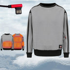 Gray heated sweater with visible heating elements on a snowy background