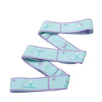 Light blue resistance band with purple edges and numbers on a white background