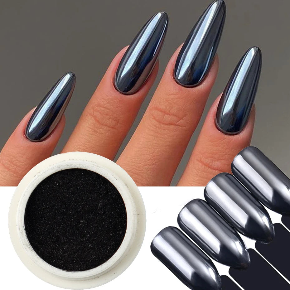 1 Box Chrome Black Nail Powder Metallic Rubbing Powder Pigment Magic Mirror Nail Glitter Charms Y2K Nail Art Decoration Manicure