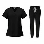 Black medical uniform set with top and pants on a white background