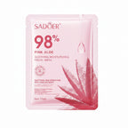 Sadoer Pink Aloe facial mask packaging with dimensions on a white background