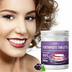 YILEST toothpaste tablets with a woman smiling and text highlighting benefits on a purple background