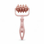 Two massage rollers, one blue and one pink, on a white background