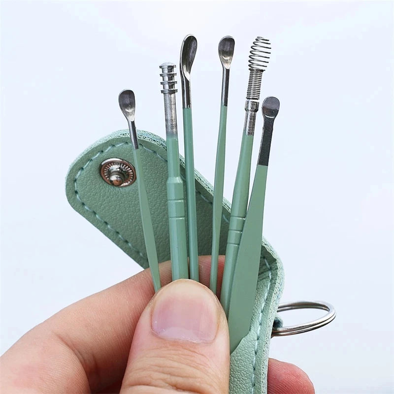New 6Pcs/set Ear Cleaner Wax Pickers Earpick Wax Remover Curette Ear Pick Cleaner Kit Spoon Care Ear Clean Tools Stainless Steel