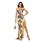 Woman wearing a yellow floral dress with a white background