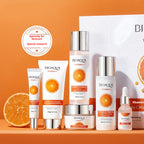 BIOAQUA skincare products with orange elements on an orange background