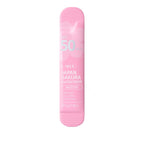 Pink sunscreen stick with measurement details on a white background