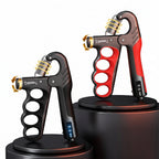Two adjustable hand grip exercisers with digital display on a dark background