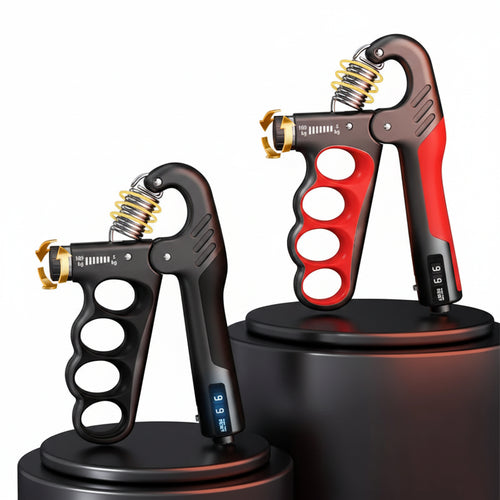 Two adjustable hand grip exercisers with digital display on a dark background