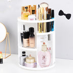 Rotating makeup organizer with various cosmetic products on a white background
