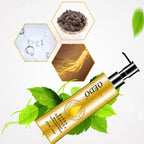 Skincare bottle with natural elements and brand logo on a light background